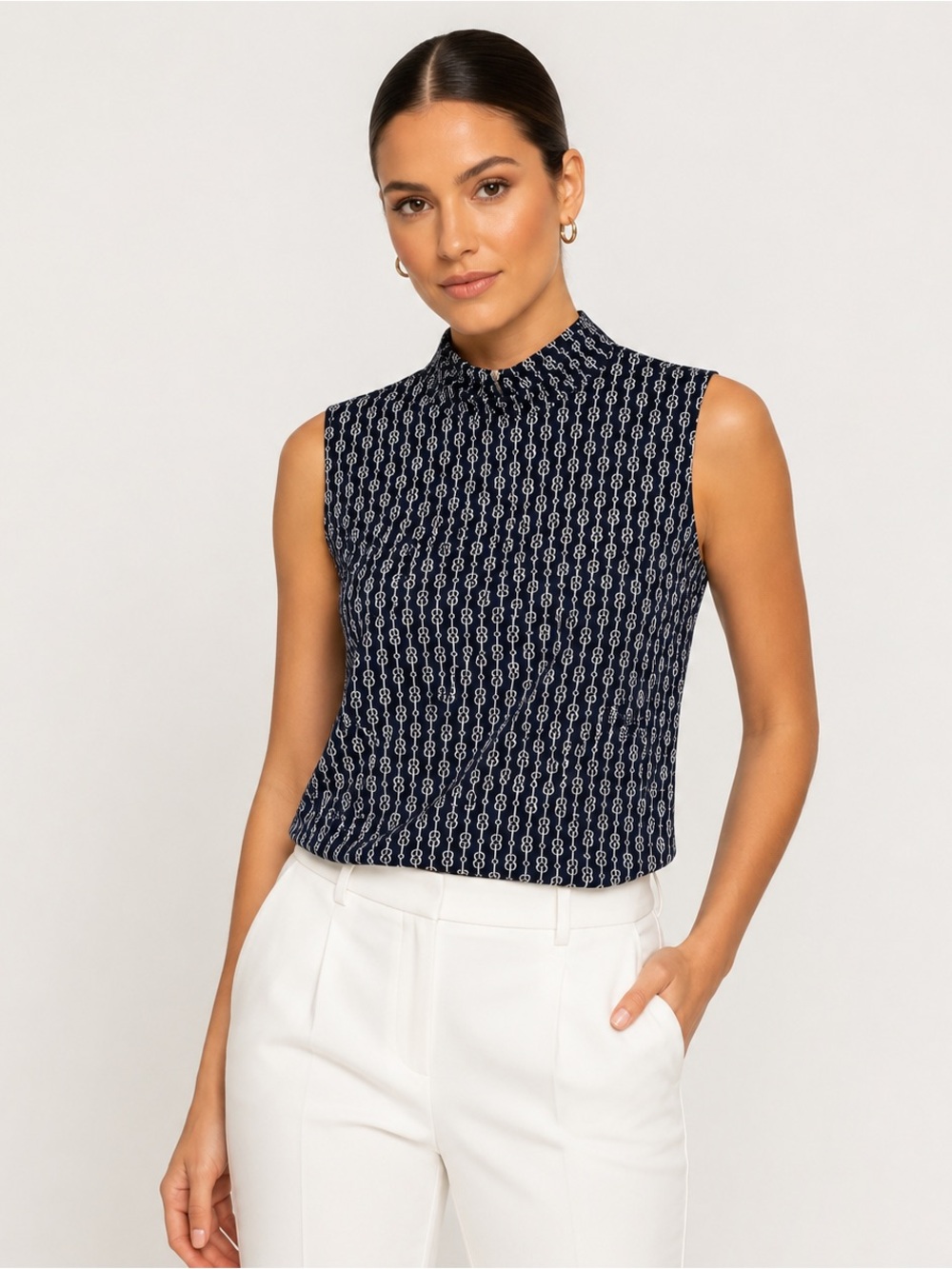 Carolina Belle Montreal Navy White Print Sleeveless Blouse Large | High Neck